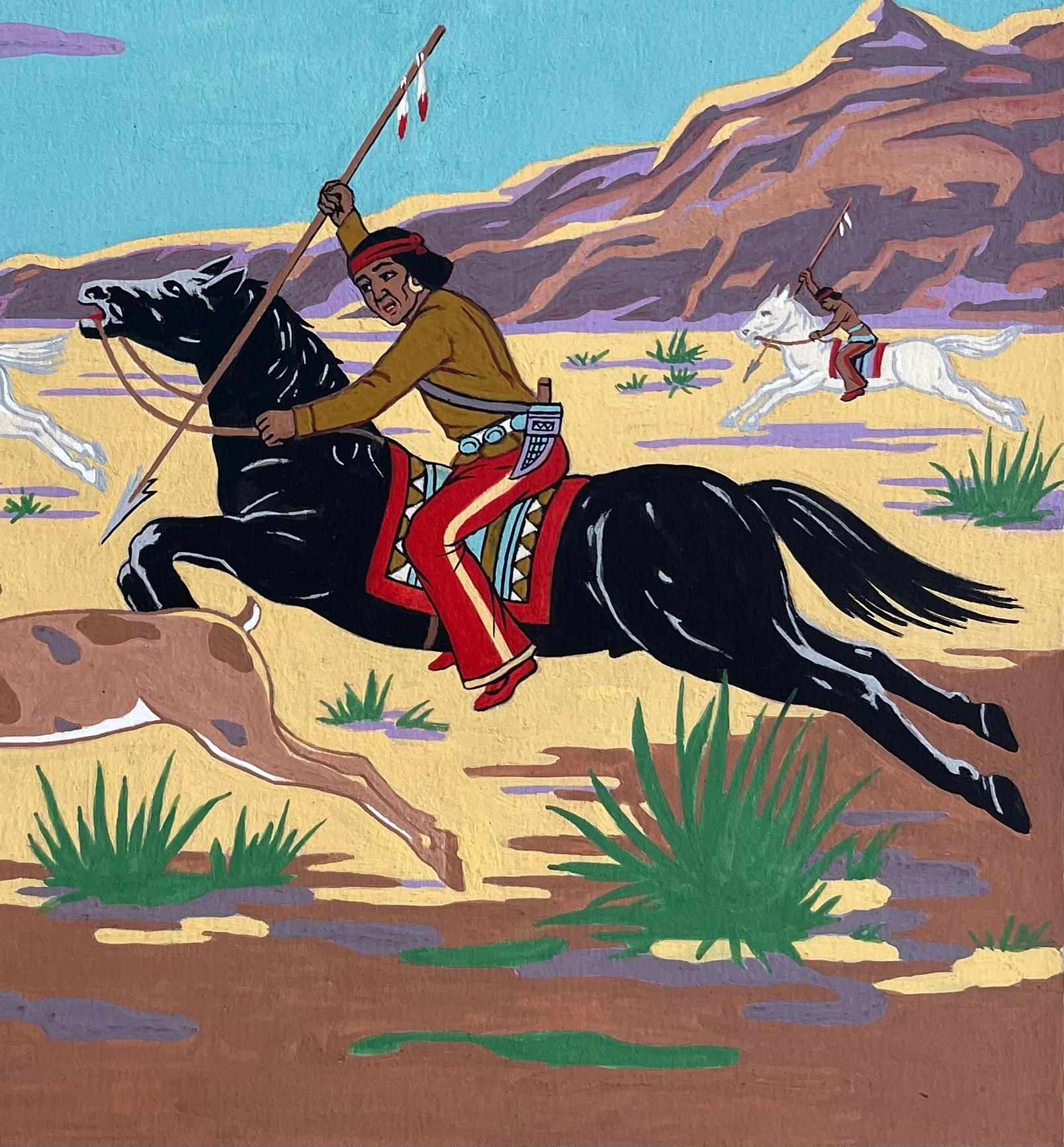 French Gouache Painting of Native American Antelope Hunt in Utah For Sale 1
