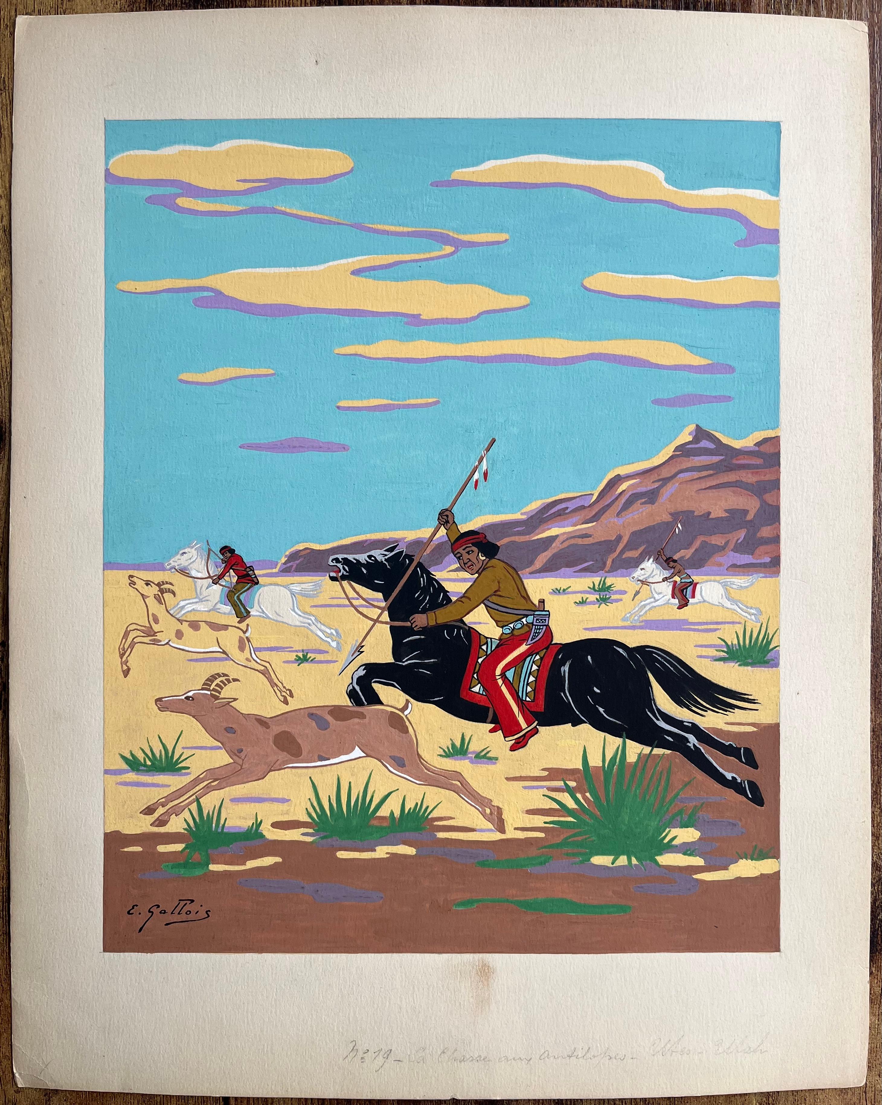 French Gouache Painting of Native American Antelope Hunt in Utah - Blue Figurative Painting by Emile GALLOIS (1882-1965)
