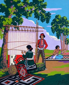 Pintura al gouache francés de tejedores navajos en Canyon de Chelly Arizona