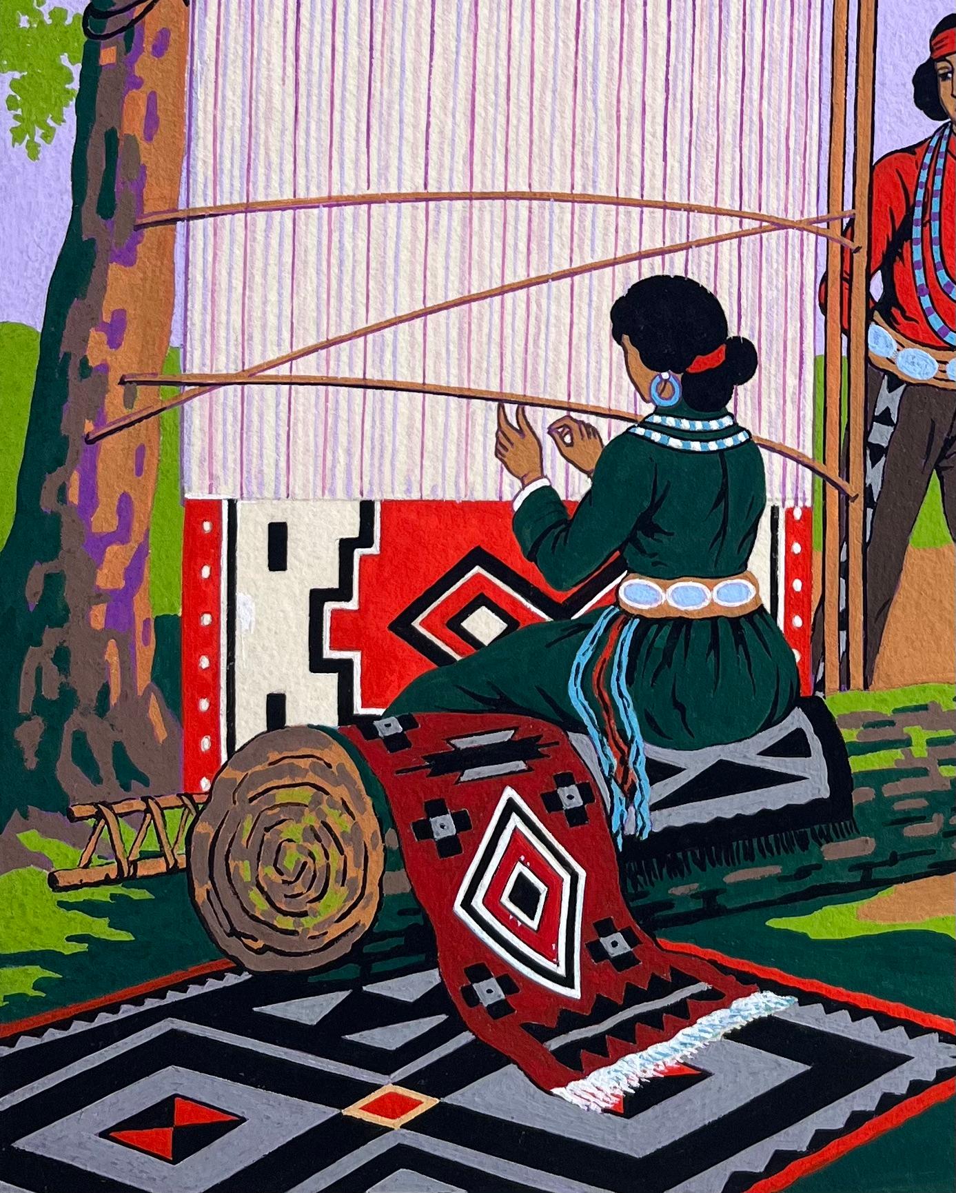 Peinture à la gouache française représentant des tisserands Navajo au Canyon de Chelly Arizona - Modernisme américain Art par Emile GALLOIS (1882-1965)