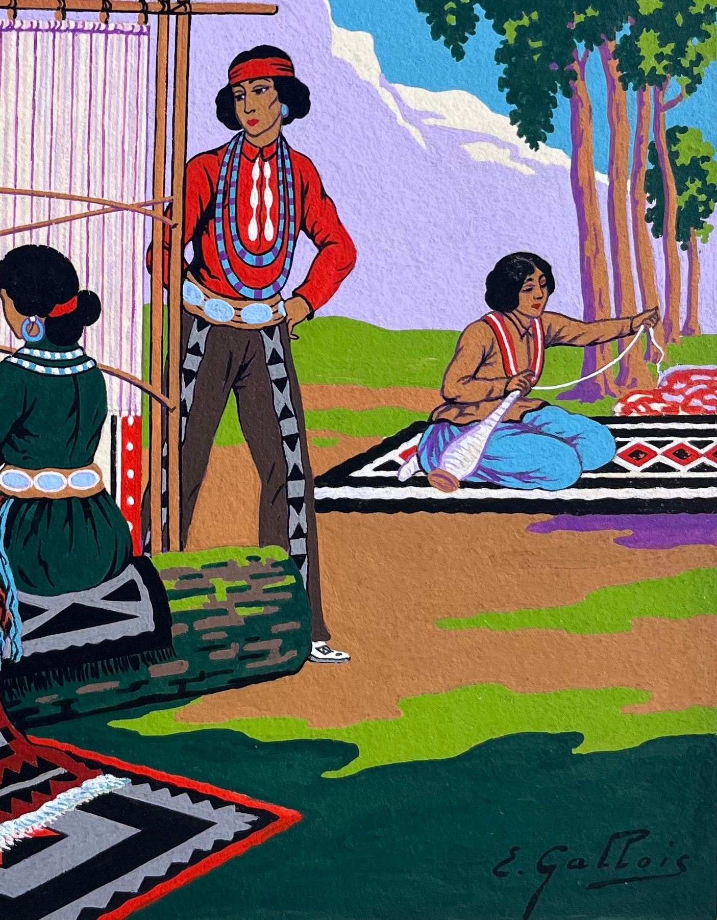 Peinture à la gouache française représentant des tisserands Navajo au Canyon de Chelly Arizona - Noir Figurative Art par Emile GALLOIS (1882-1965)