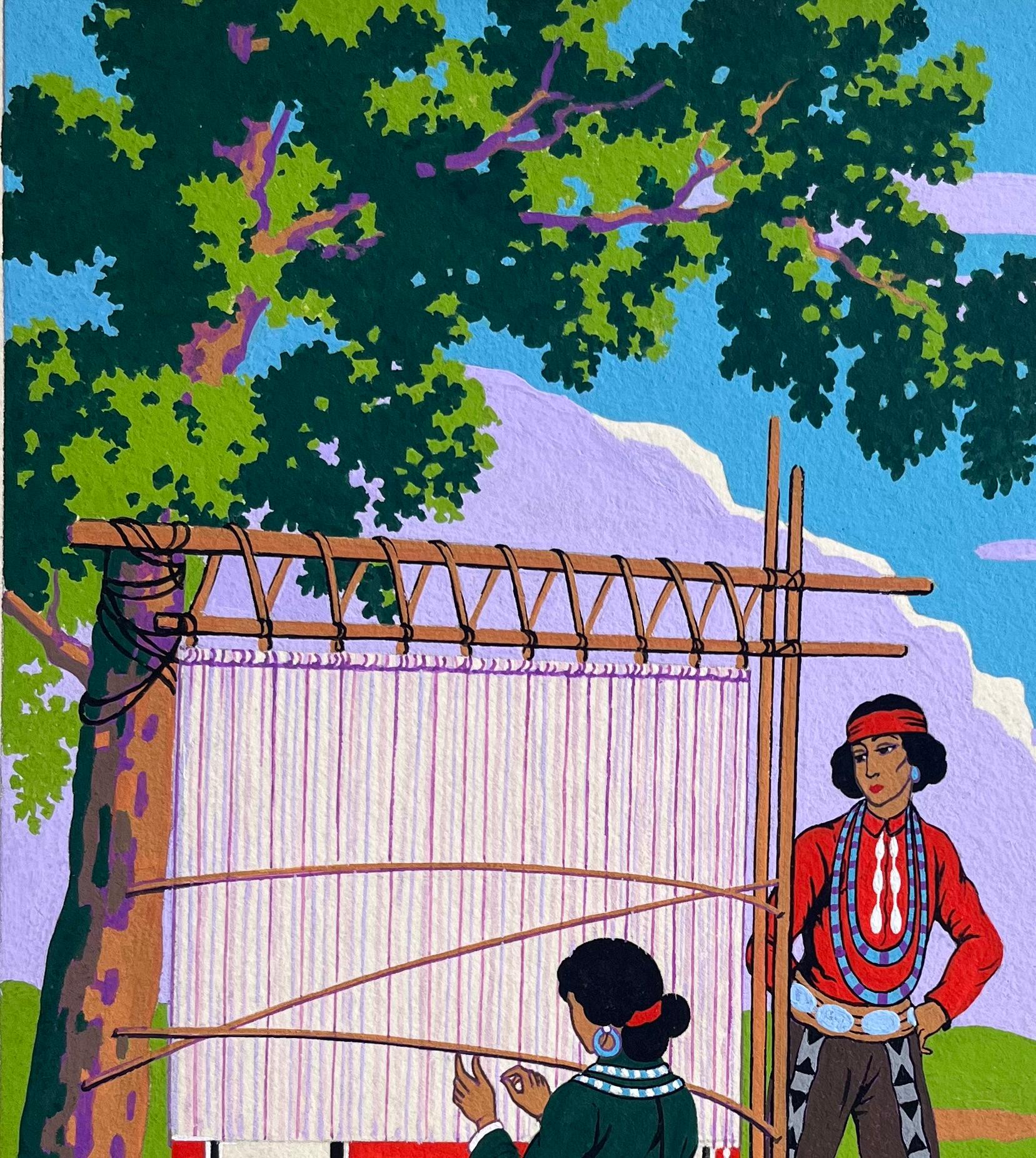 Peinture à la gouache française représentant des tisserands Navajo au Canyon de Chelly Arizona en vente 1