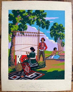 French Gouache Painting of Navajo Weavers in Canyon de Chelly Arizona