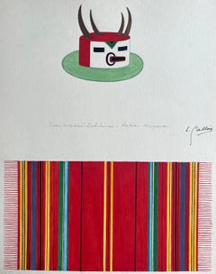 Estudio en gouache francés de una máscara kachina hopi y un textil de Taos Pueblo