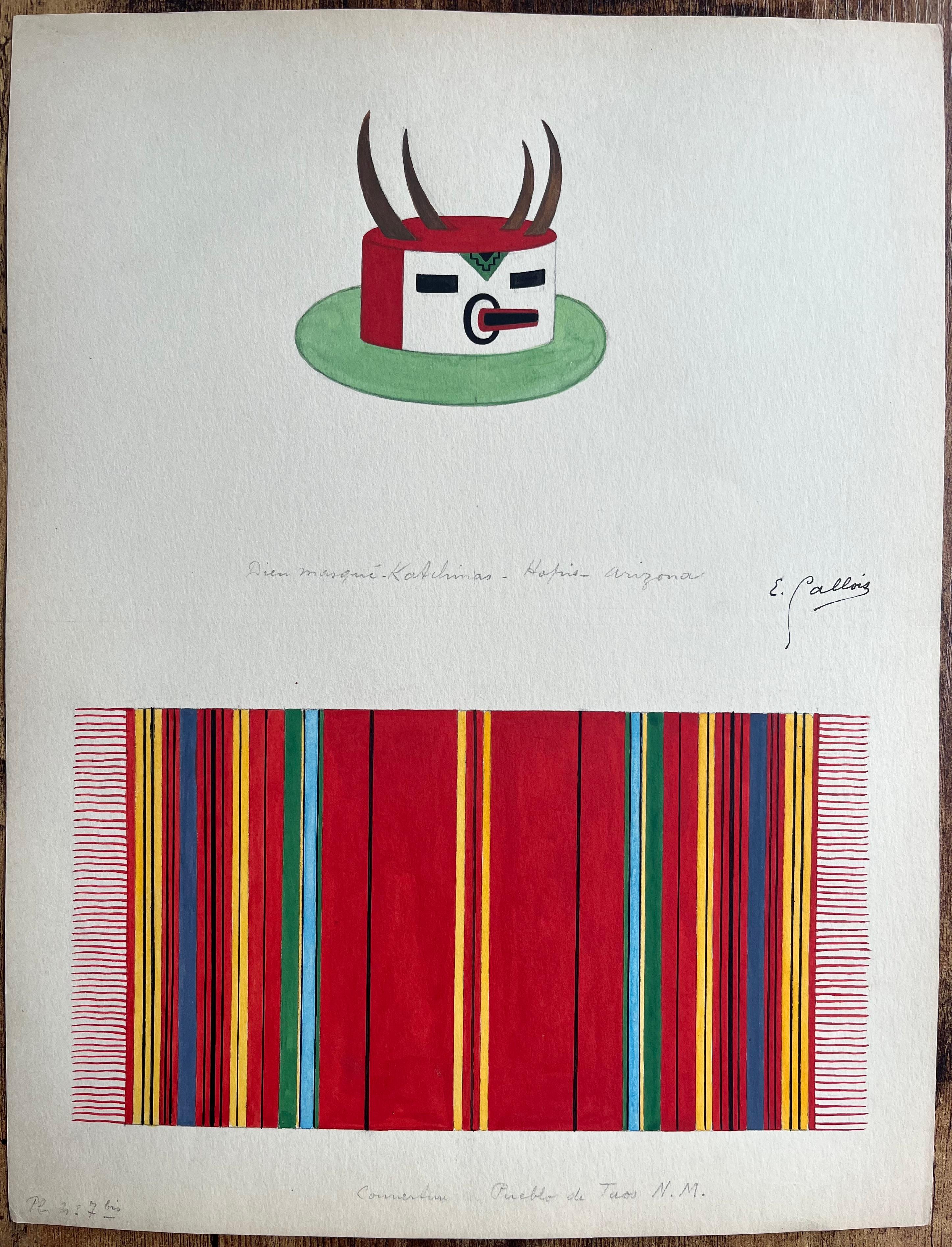 French Gouache Study of Hopi Kachina Mask and Taos Pueblo Textile - Art by Emile GALLOIS (1882-1965)