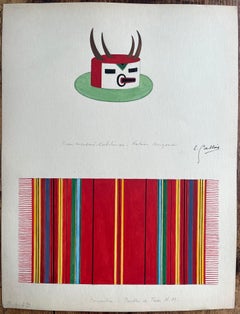 French Gouache Study of Hopi Kachina Mask and Taos Pueblo Textile