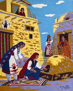 Pintura al gouache francés de un pueblo horneando pan en Taos, Nuevo México