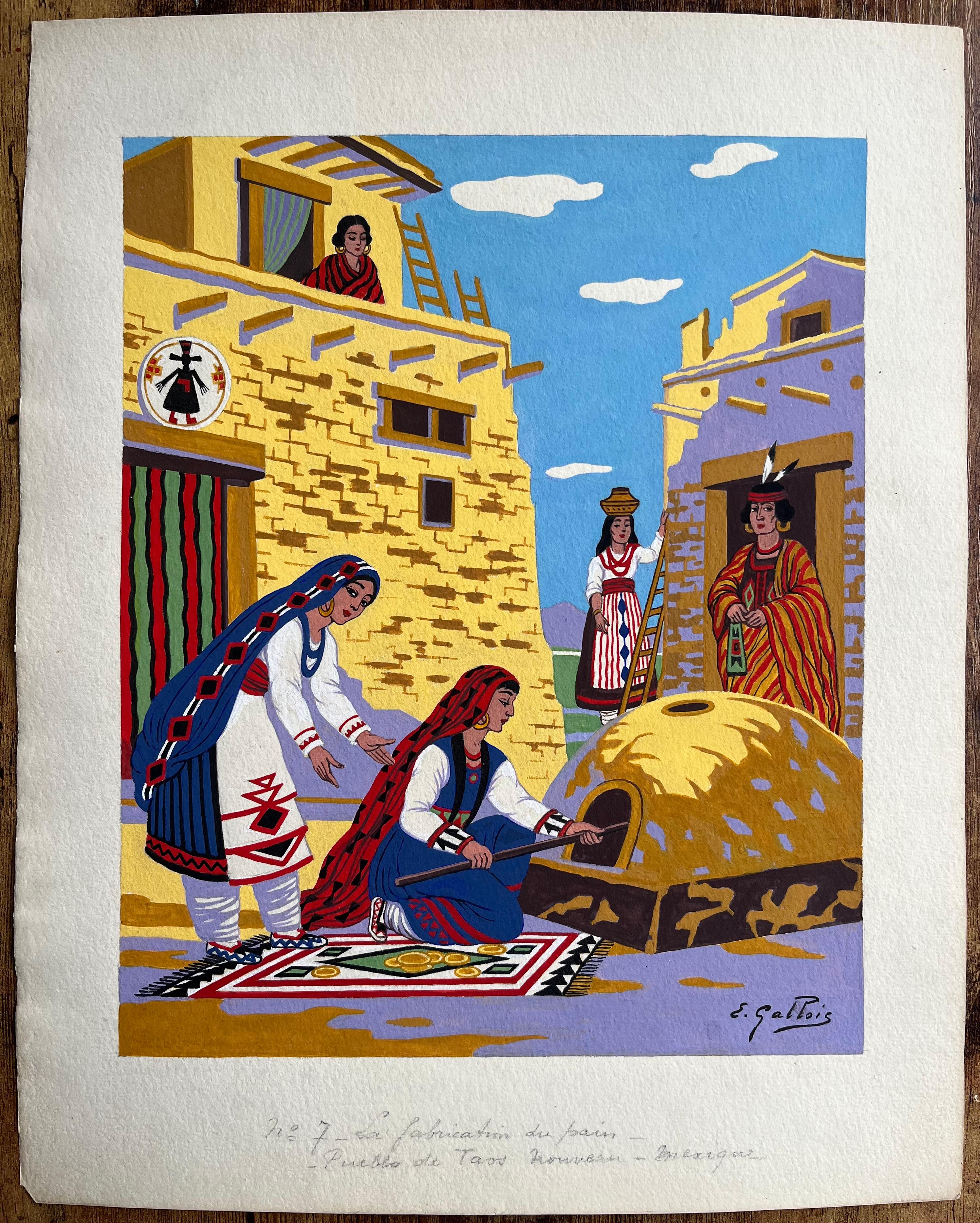 Französisches Gouache-Gemälde eines Brotbackens im Pueblo-Stil in Taos, New Mexico – Art von Emile GALLOIS (1882-1965)
