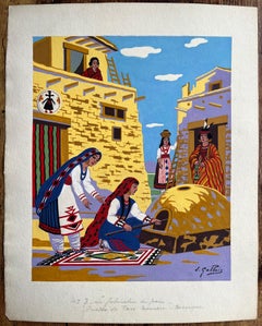 French Gouache Painting of Pueblo Bread Baking in Taos New Mexico