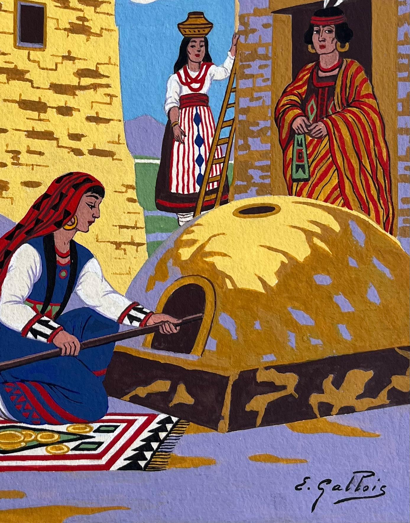 Französisches Gouache-Gemälde eines Brotbackens im Pueblo-Stil in Taos, New Mexico (Braun), Figurative Art, von Emile GALLOIS (1882-1965)