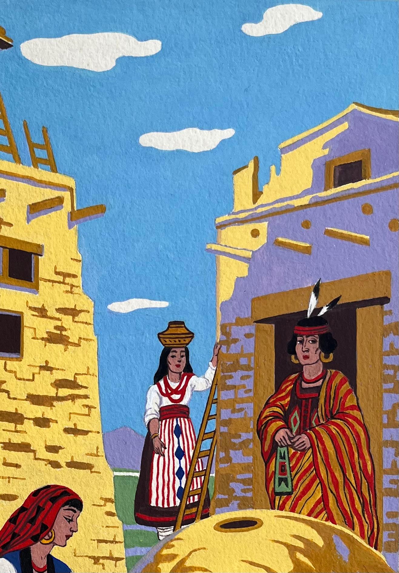 Titel: Französische Gouache-Malerei des Pueblo-Brotbackens in Taos New Mexico
von Emile GALLOIS (1882-1965, Franzose)
Unterschrieben: Ja
Medium: Original-Gouache-Gemälde auf dickem, ungerahmtem Papier,
Größe: 13,75 Zoll (Höhe) x 11 Zoll