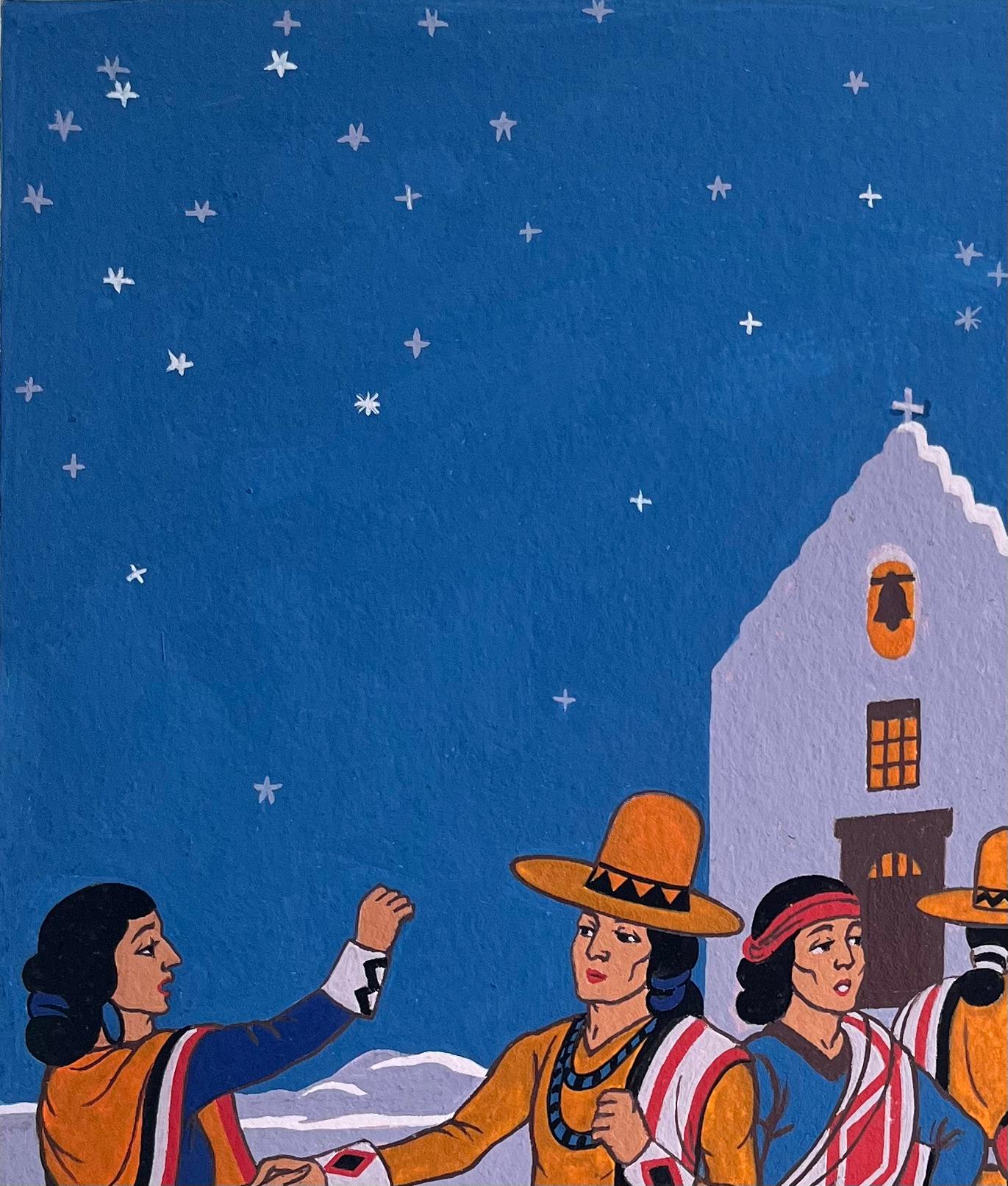 Pittura francese a guazzo di una danza notturna Navajo nel New Mexico - Figurative Art Blu di Emile GALLOIS (1882-1965)