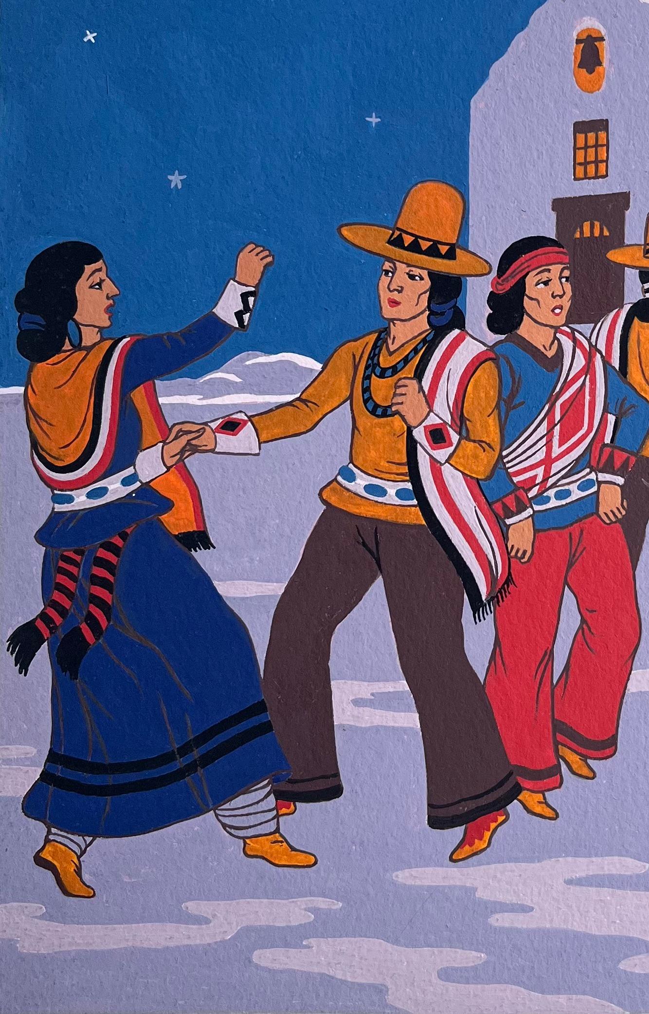 Pittura francese a guazzo di una danza notturna Navajo nel New Mexico - Art American Modern di Emile GALLOIS (1882-1965)