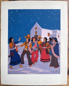 French Gouache Painting of Navajo Night Dance in New Mexico