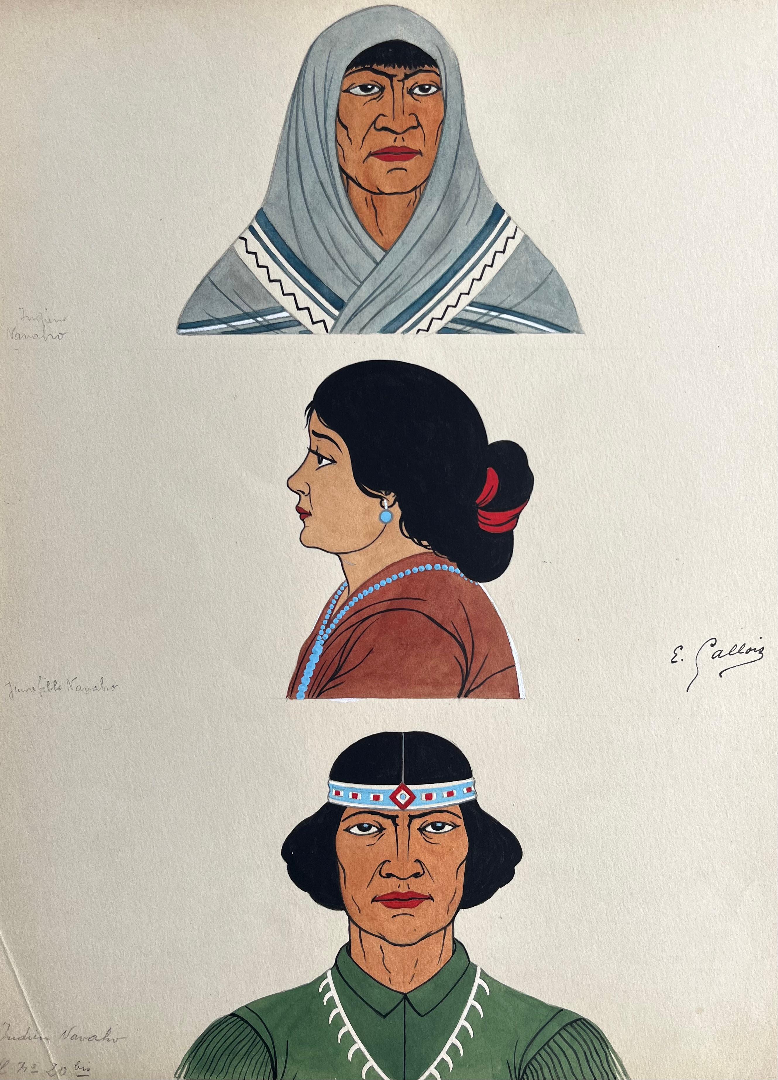 Emile GALLOIS (1882-1965) Figurative Art – Französische Gouache-Porträtstudie von drei Navajo- und Kumeyaay-Figuren