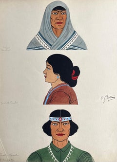 Estudio de Retrato a la Aguada Francesa de Tres Figuras Navajo y Kumeyaay