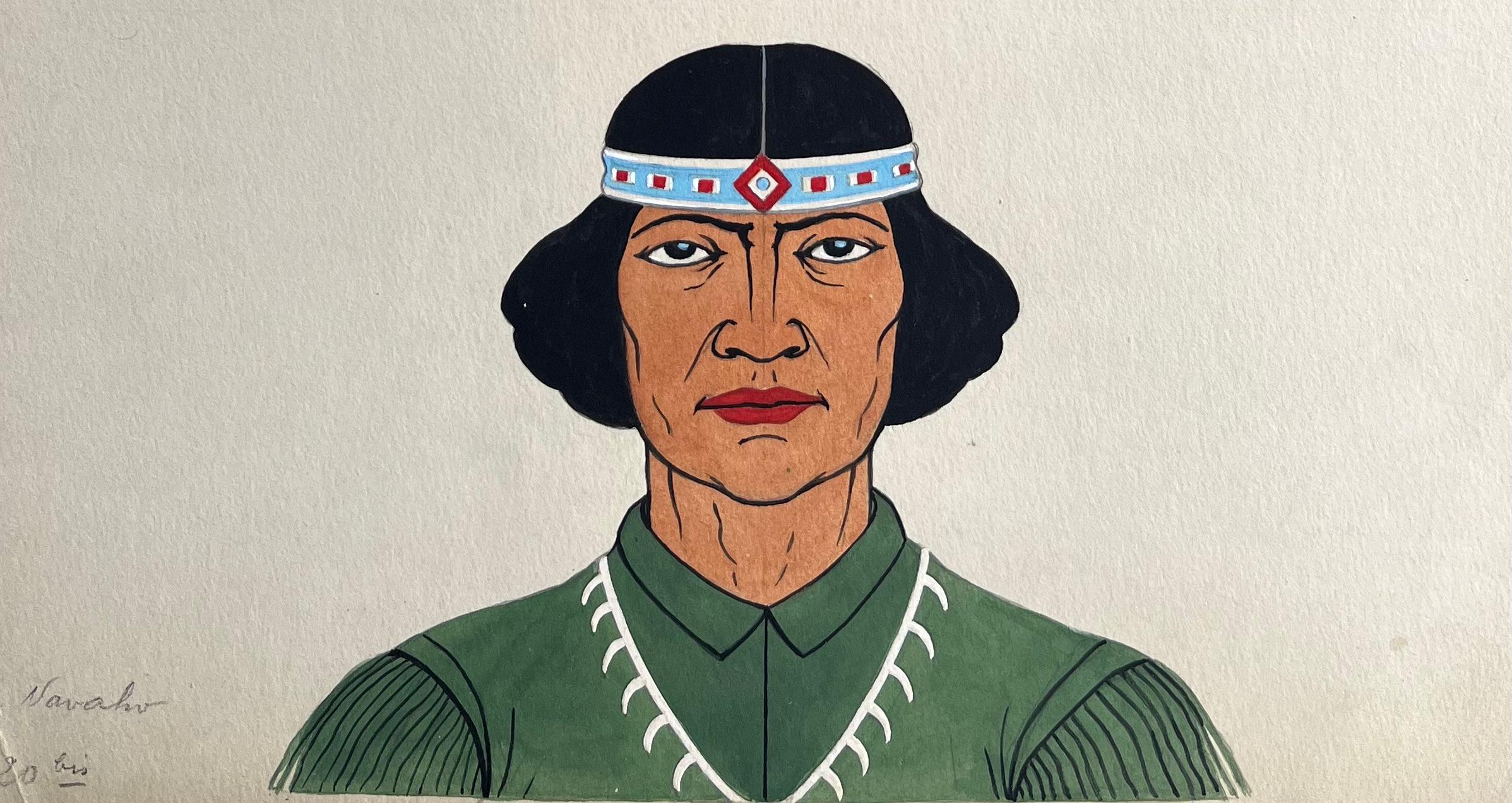 Titel: Französische Gouache-Porträtstudie von drei Navajo- und Kumeyaay-Figuren
von Emile GALLOIS (1882-1965, Franzose)
Unterschrieben: Ja
Medium: Original-Gouache-Gemälde auf dickem, ungerahmtem Papier,
Größe: 14 Zoll (Höhe) x 10,75 Zoll