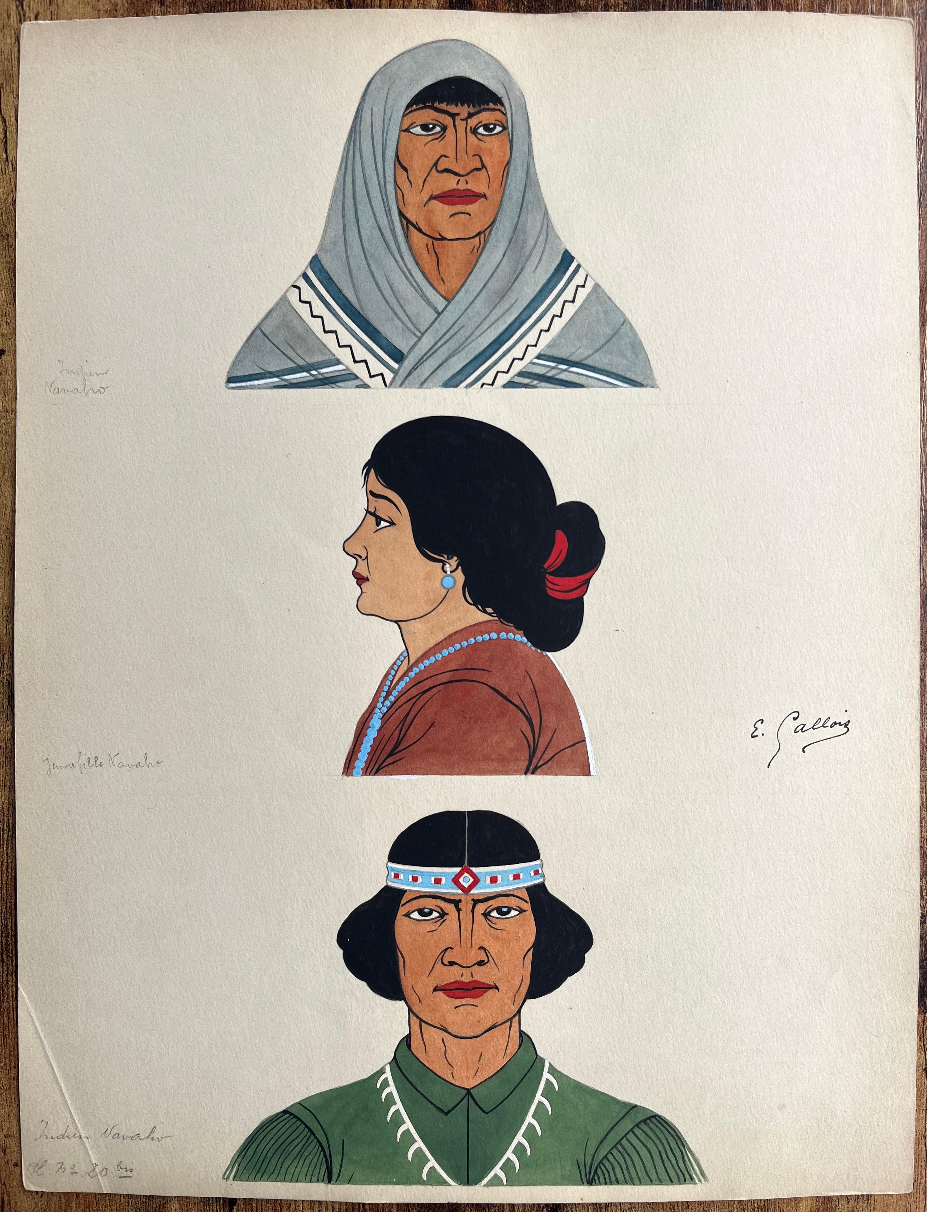Französische Gouache-Porträtstudie von drei Navajo- und Kumeyaay-Figuren – Art von Emile GALLOIS (1882-1965)