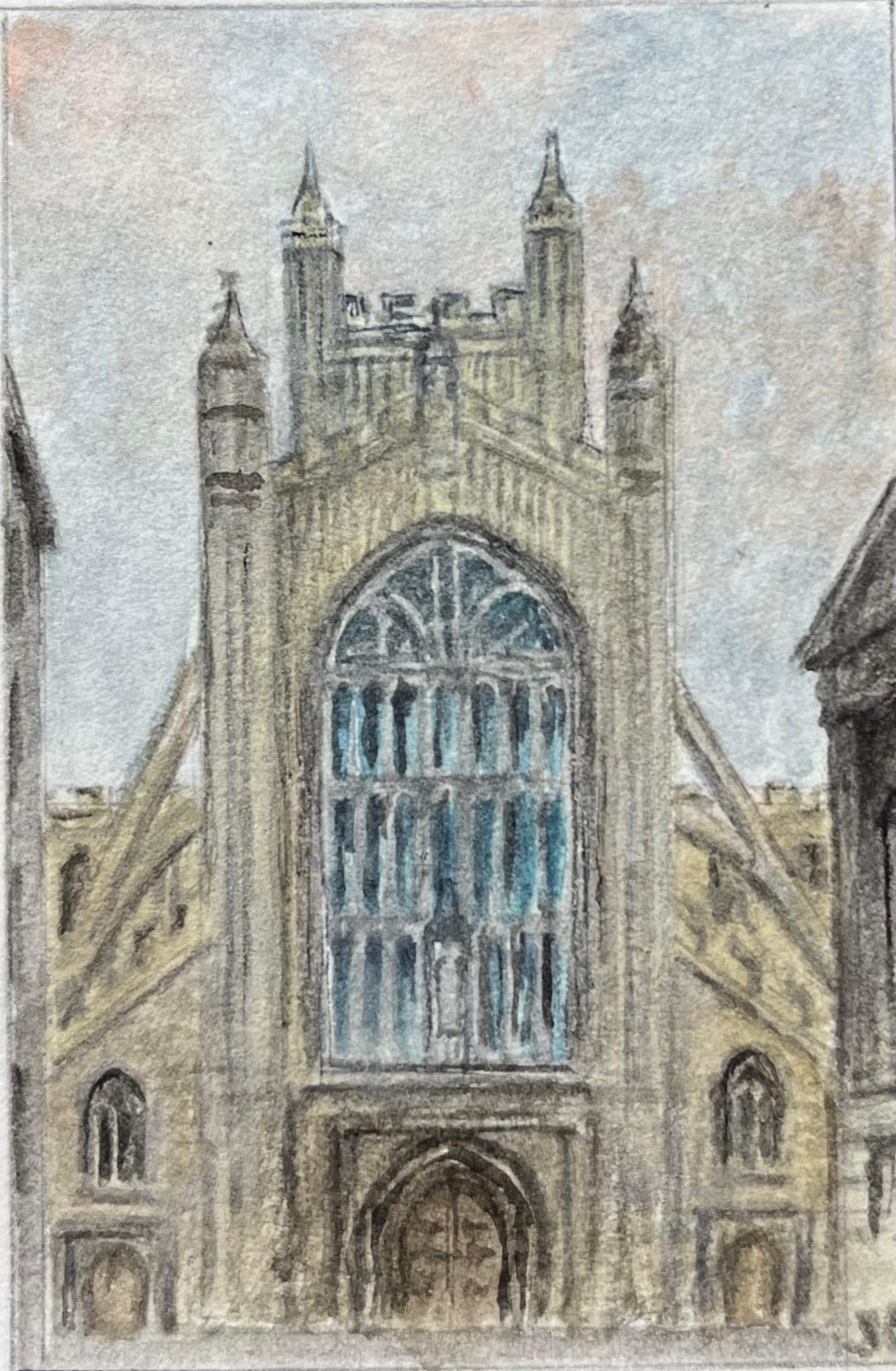 Jack Grunwell Landscape Art – Architektonische Miniatur Aquarell von Bath Abbey von der Westfront
