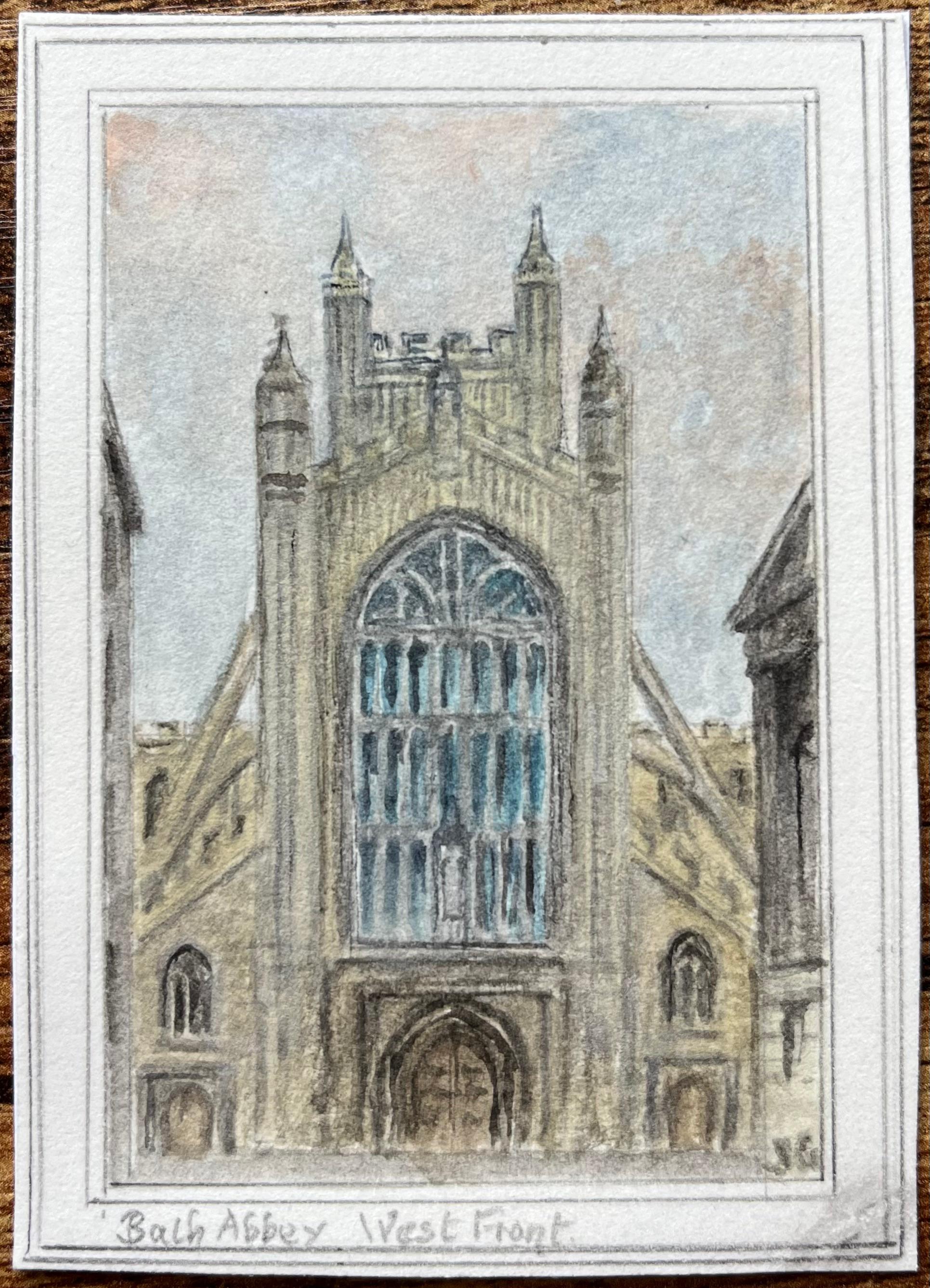 Architektonische Miniatur Aquarell von Bath Abbey von der Westfront – Art von Jack Grunwell