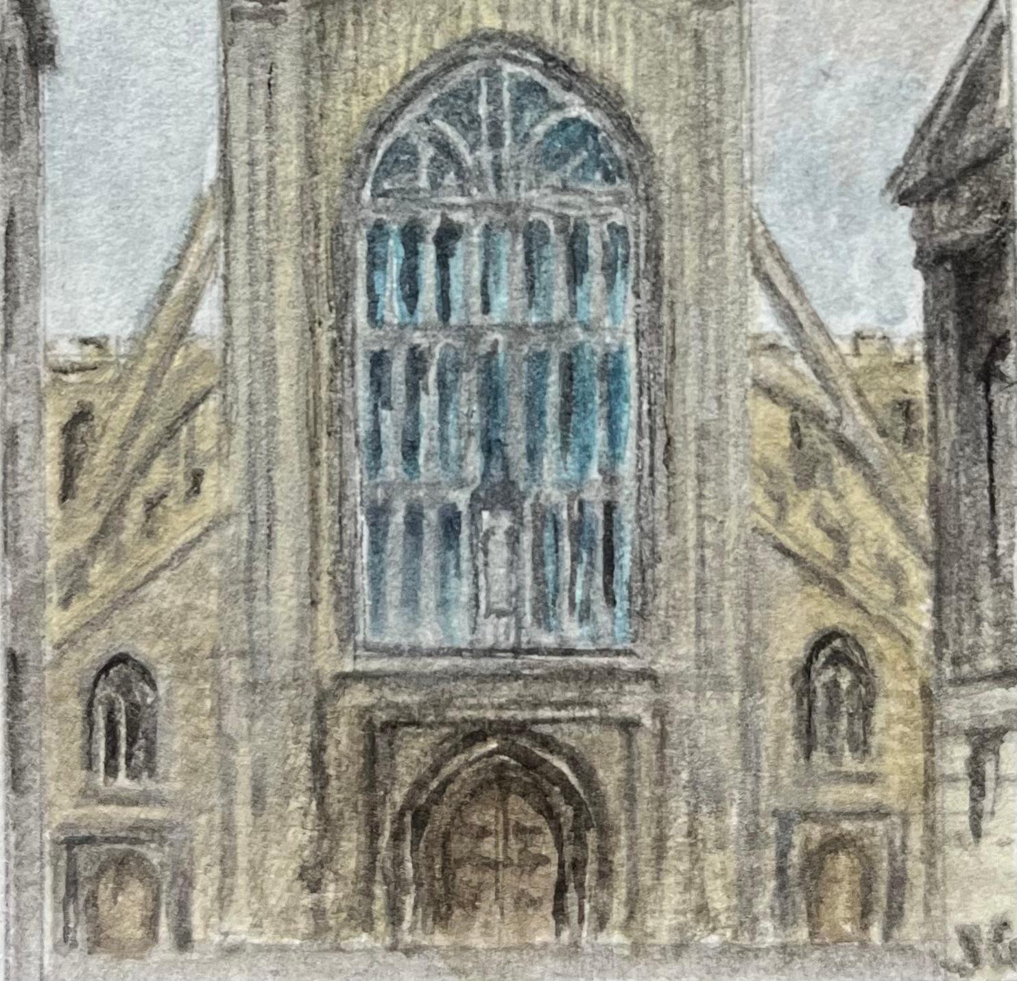 Architektonische Miniatur Aquarell von Bath Abbey von der Westfront (Grau), Landscape Art, von Jack Grunwell
