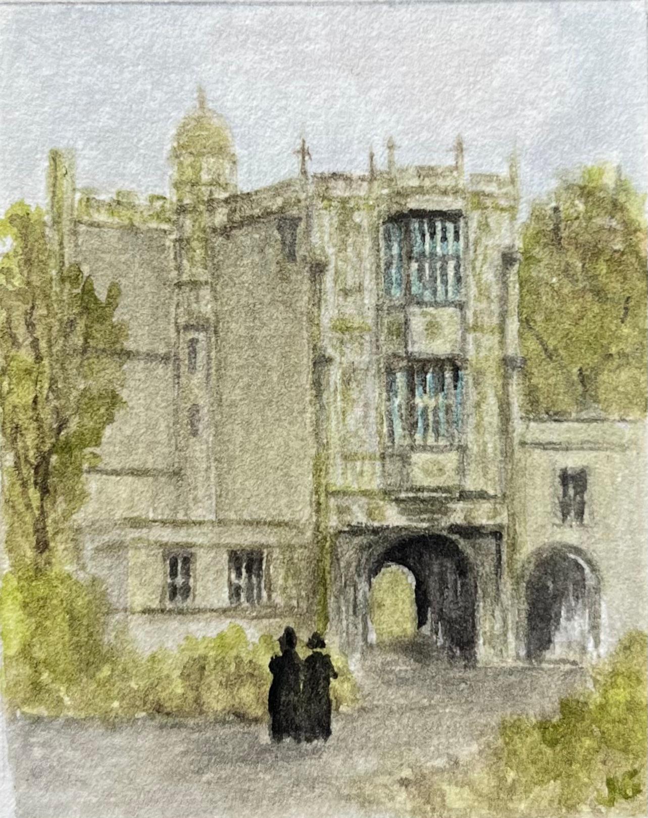 Jack Grunwell Landscape Painting - Historical Architectural Miniature Watercolor of Bristol Cathedral Gatehouse