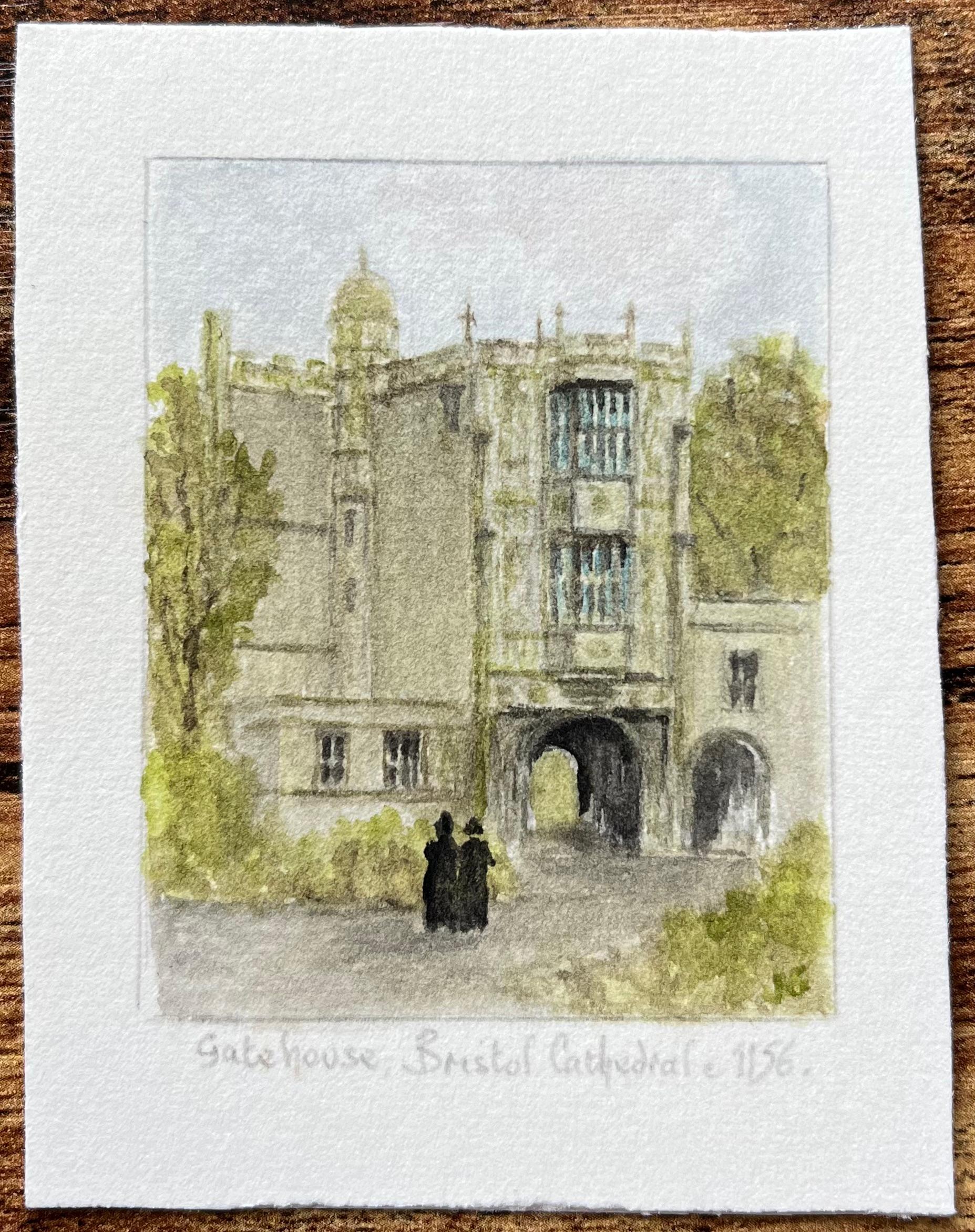 Historical Architectural Miniature Watercolor of Bristol Cathedral Gatehouse - English School Painting by Jack Grunwell