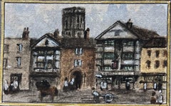 Acuarela en miniatura de la Posada de Shakespeare y la Torre Inclinada de la Iglesia del Temple Bristol