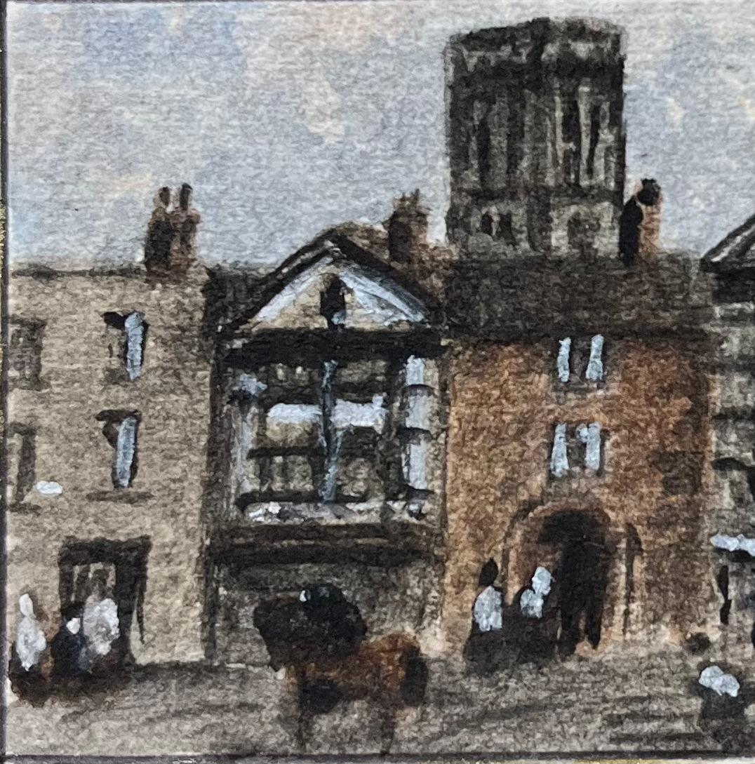 Miniature Watercolor of Shakespeare Inn and Temple Church Leaning Tower Bristol - English School Art by Jack Grunwell