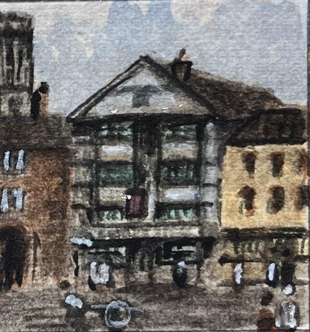 Miniature Watercolor of Shakespeare Inn and Temple Church Leaning Tower Bristol - Gray Landscape Art by Jack Grunwell
