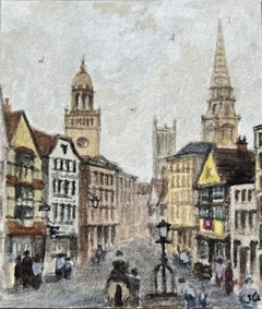 Acuarela histórica en miniatura de la calle del Vino mirando hacia la calle del Maíz en Bristol