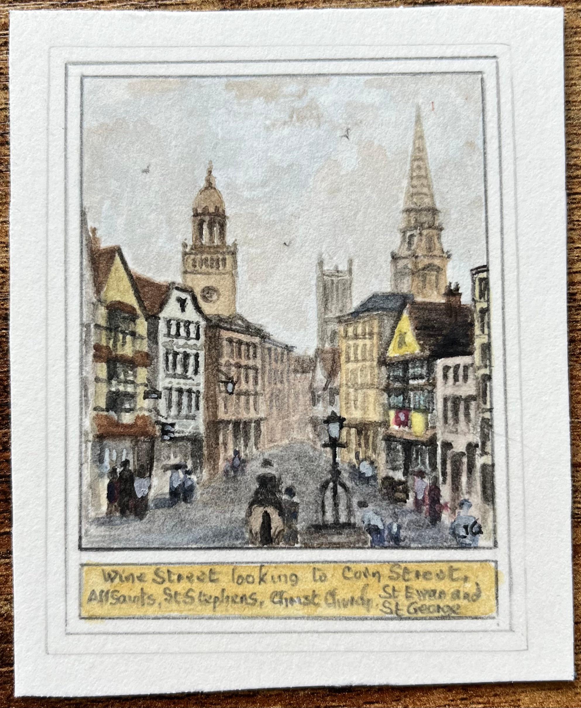 Acquerello storico in miniatura di Wine Street con vista su Corn Street a Bristol - Art Scuola inglese di Jack Grunwell