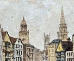 Acuarela histórica en miniatura de la calle del Vino mirando hacia la calle del Maíz en Bristol