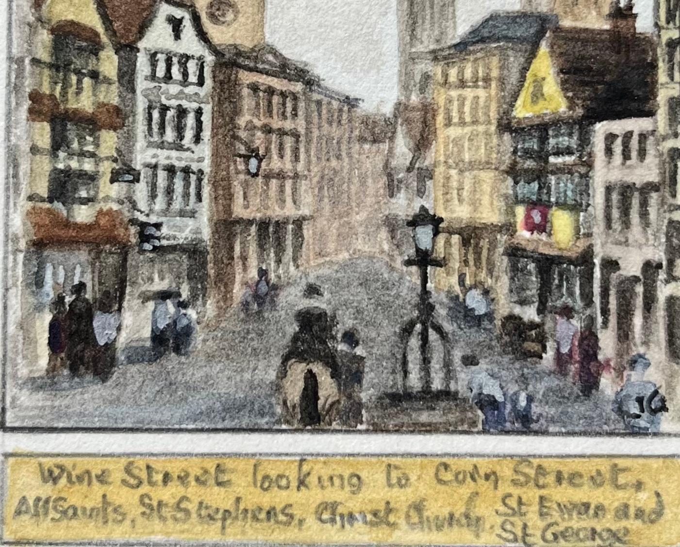Acquerello storico in miniatura di Wine Street con vista su Corn Street a Bristol - Landscape Art Grigio di Jack Grunwell