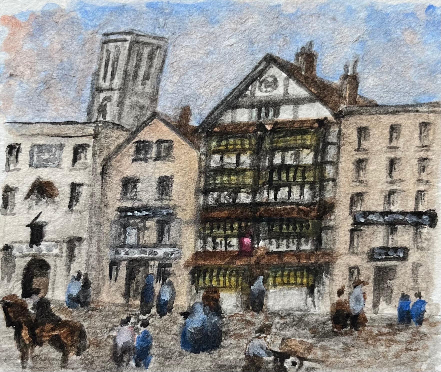 Historisches Miniatur-Aquarell einer belebten Straßenszene und eines Gasthauses in Bristol