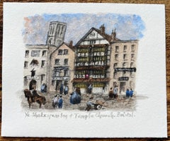 Historic Miniature Watercolor of Busting Street Scene and Inn in Bristol
