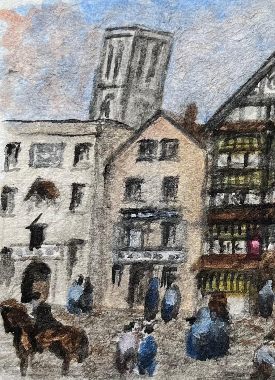 Acuarela histórica en miniatura de una escena callejera y una posada en Bristol - Art Escuela inglesa de Jack Grunwell