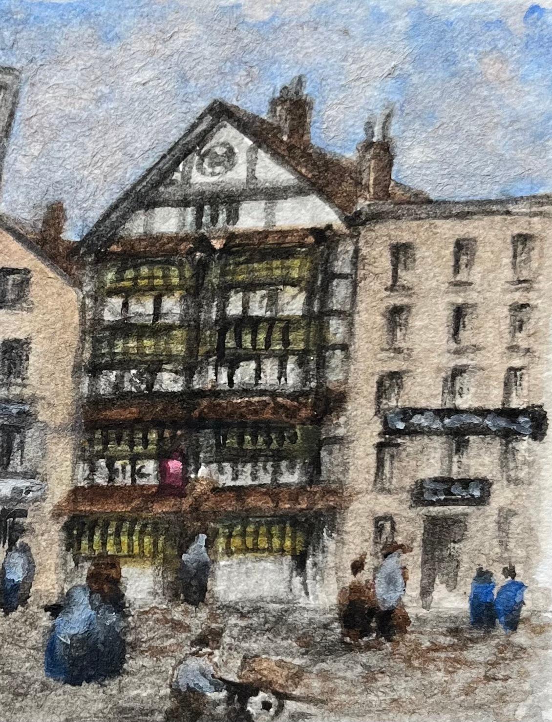 Acuarela histórica en miniatura de una escena callejera y una posada en Bristol - Landscape Art Gris de Jack Grunwell