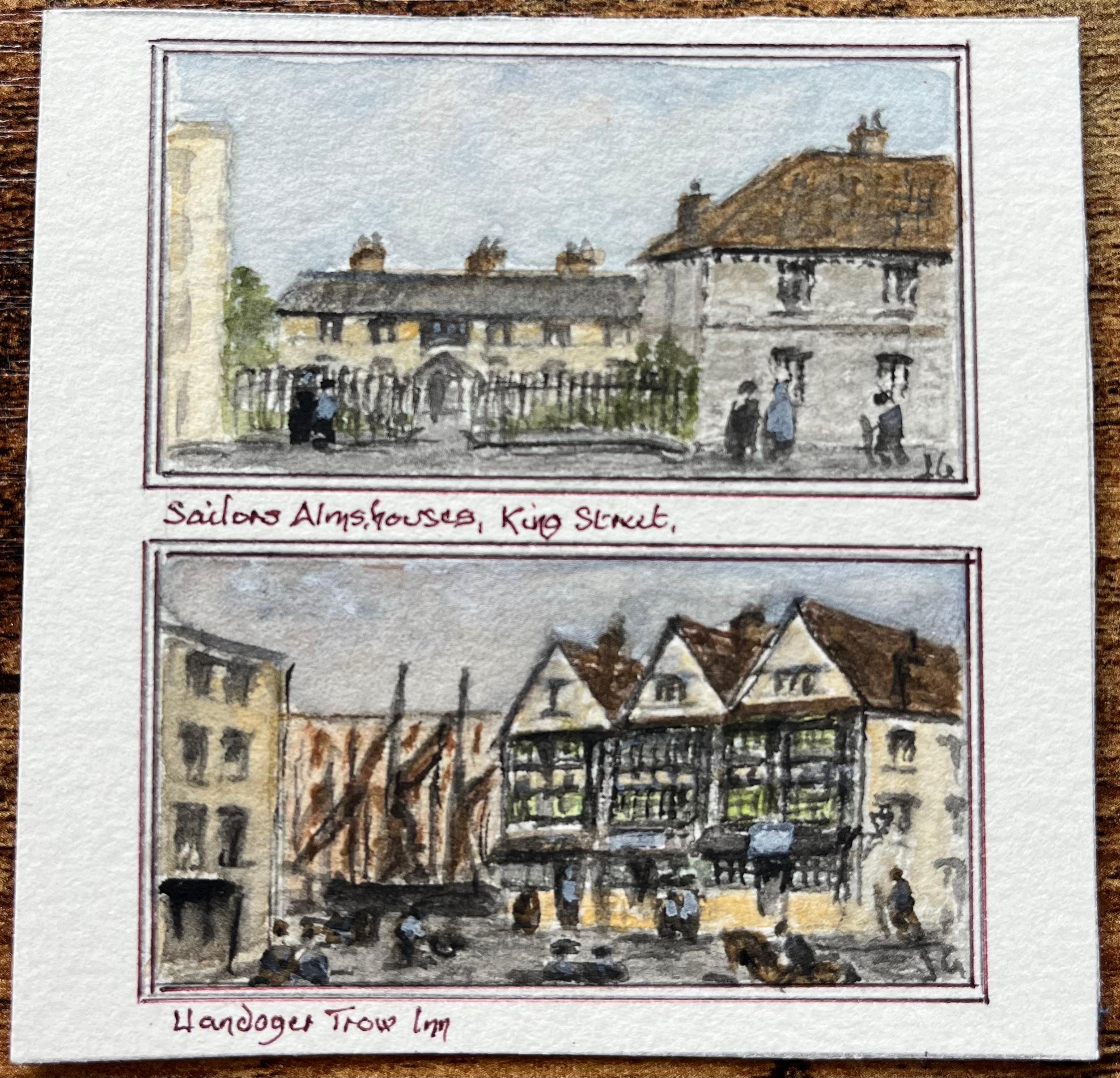 Historic Miniature Watercolor of King Street and Llandoger Trow in Bristol - Art by Jack Grunwell