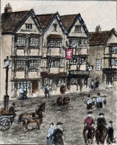 Acuarela histórica en miniatura de la posada Llandoger Trow en Bristol