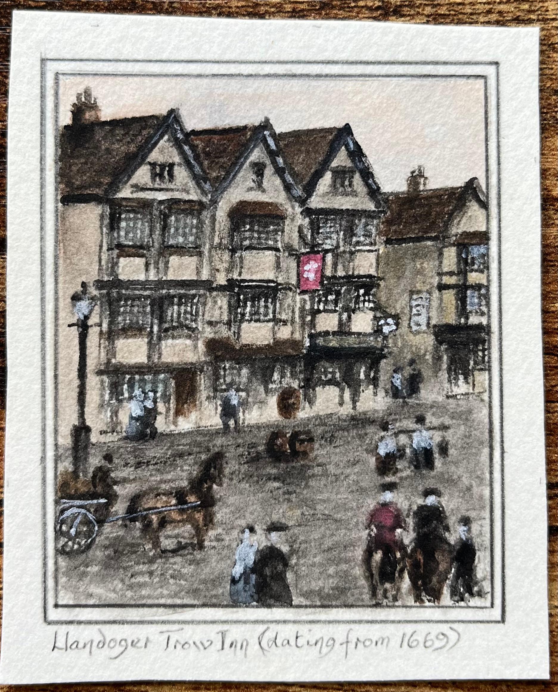 Historic Miniature Watercolor of Llandoger Trow Inn in Bristol - Painting by Jack Grunwell