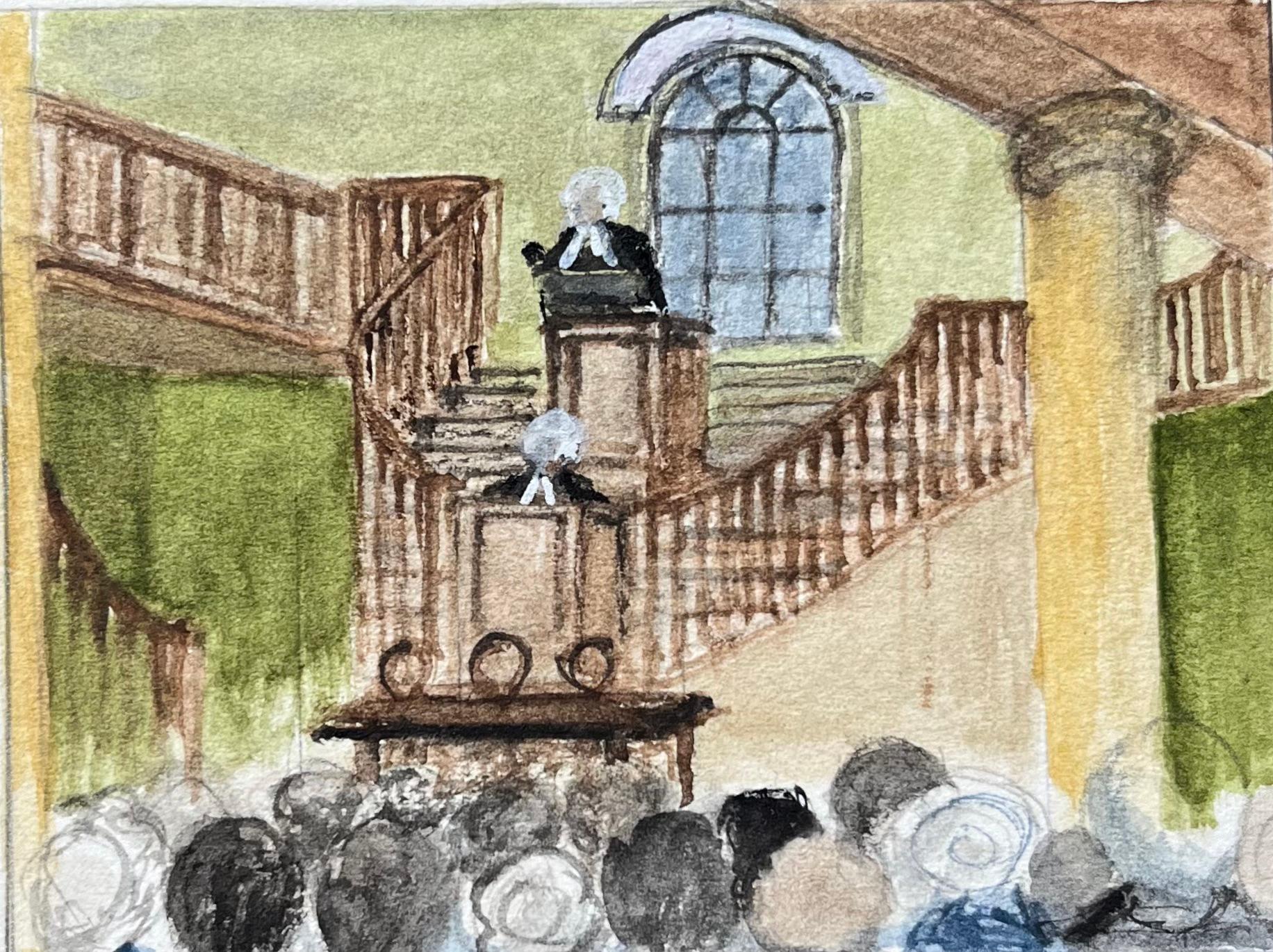Jack Grunwell Landscape Art - Miniature Watercolor of Interior Scene John Wesley’s Chapel Broadmead Bristol