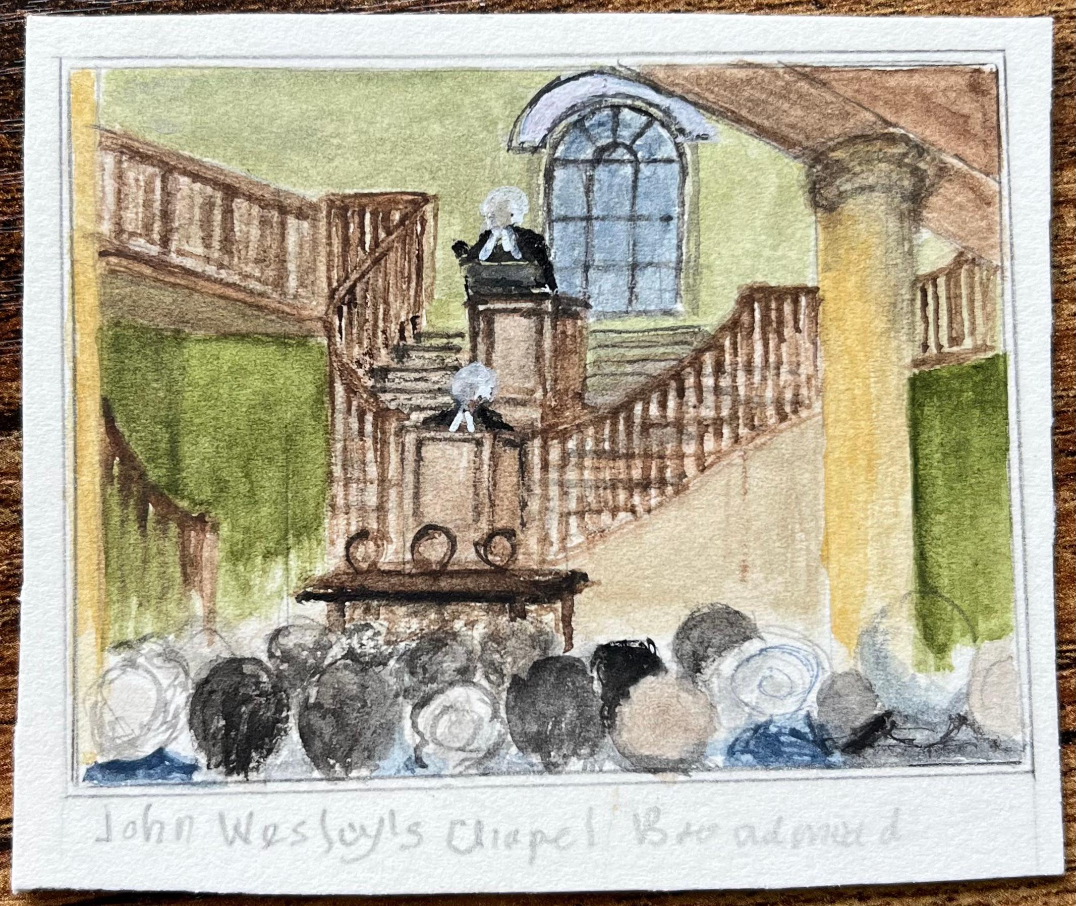Miniature Watercolor of Interior Scene John Wesley’s Chapel Broadmead Bristol - Art by Jack Grunwell