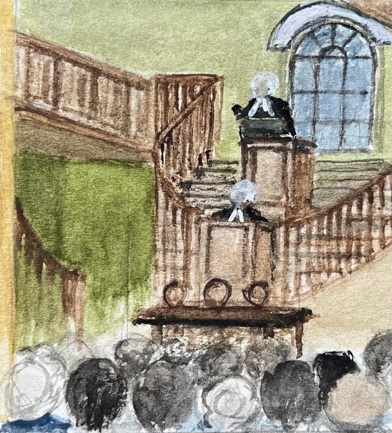 Miniature Watercolor of Interior Scene John Wesley’s Chapel Broadmead Bristol - English School Art by Jack Grunwell