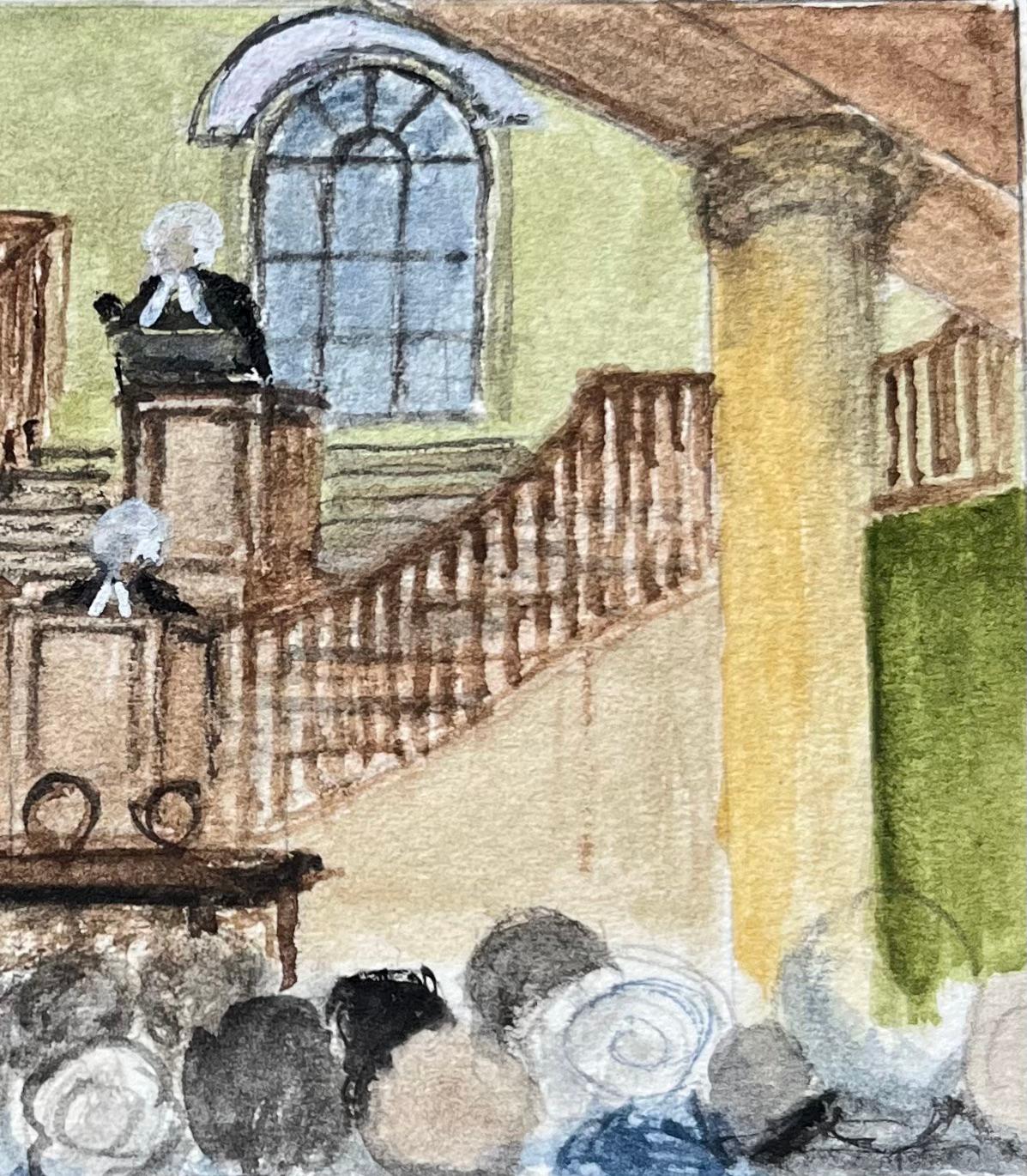 Miniature Watercolor of Interior Scene John Wesley’s Chapel Broadmead Bristol - Brown Landscape Art by Jack Grunwell
