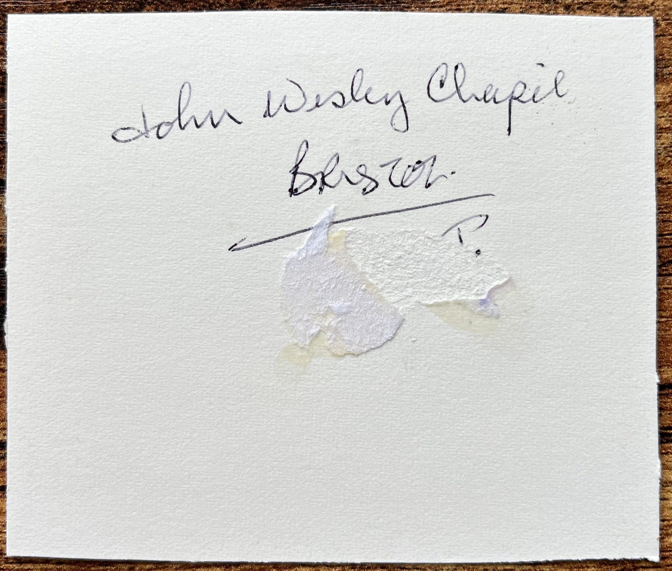 Title: Miniature Watercolor of Interior Scene John Wesley’s Chapel Broadmead Bristol 
by Jack Grunwell, 20th century British artist 
Medium: Watercolor on thin card, unframed
Measurements: 3 inches (height) x 3.5 inches (width)
Condition: Very good