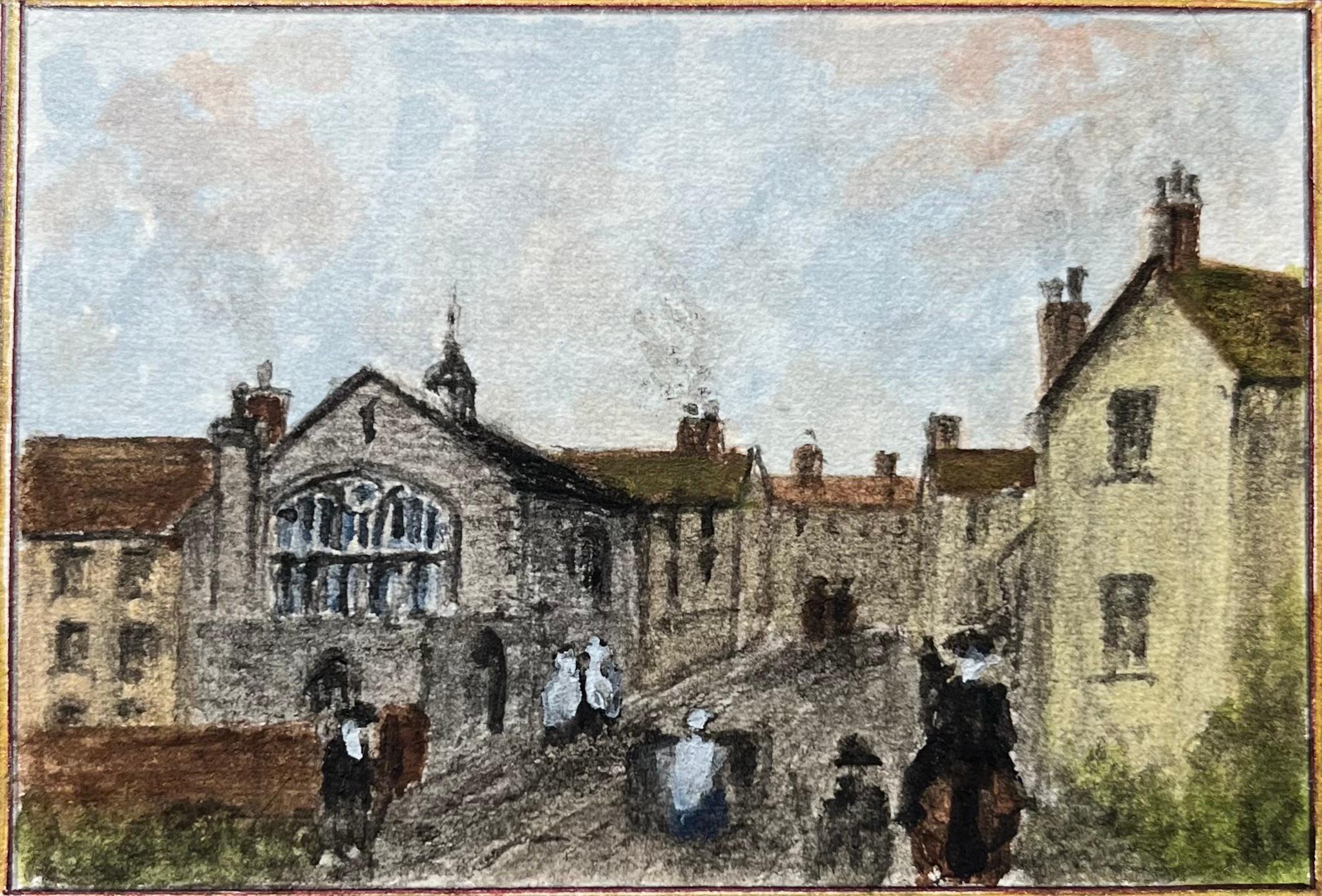 Landscape Painting Jack Grunwell - Aquarelle miniature de la chapelle des Trois Rois Fosters Almshouses