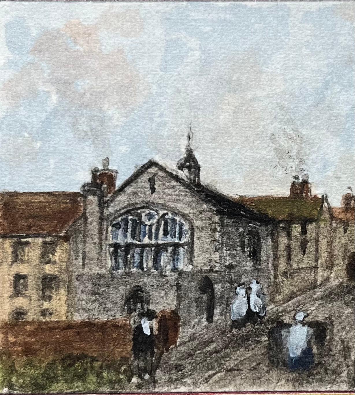 Aquarelle miniature de la chapelle des Trois Rois Fosters Almshouses - Gris Landscape Painting par Jack Grunwell