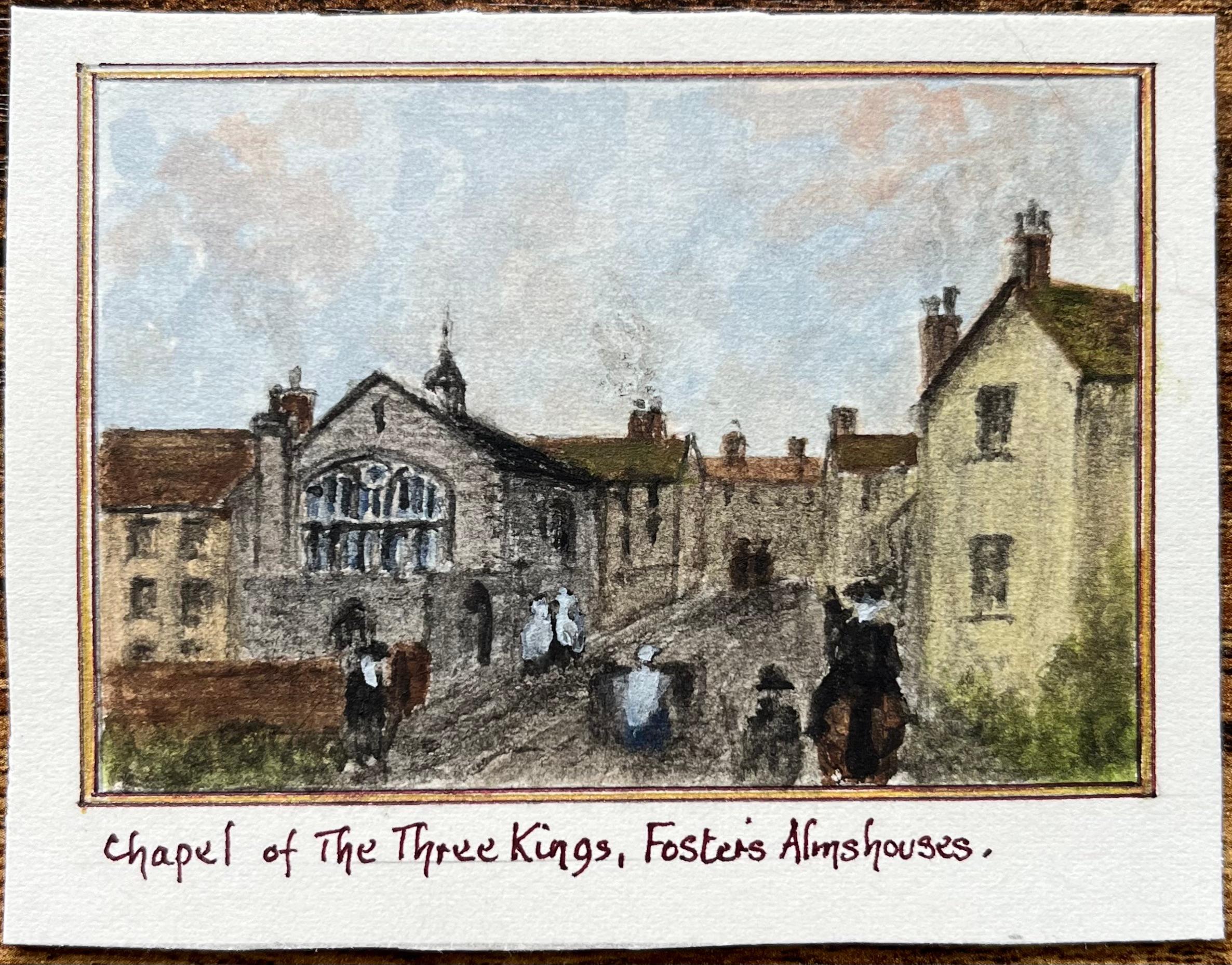 Aquarelle miniature de la chapelle des Trois Rois Fosters Almshouses - Painting de Jack Grunwell