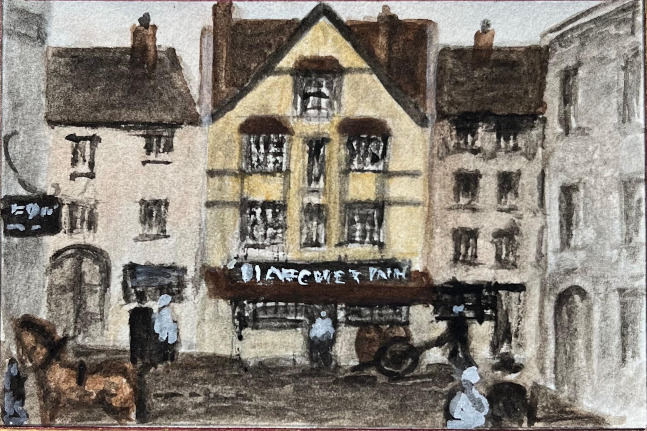 Jack Grunwell Landscape Painting – Historisches Miniatur-Aquarell des Hatchett Inn aus dem 16. Jahrhundert in Bristol